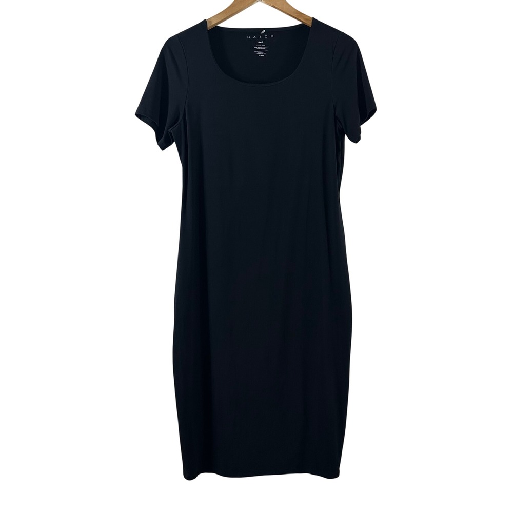 HATCH Women Black Bamboo Viscose Stretch Scoop‎ Neck Short Sleeve Midi Dress S
